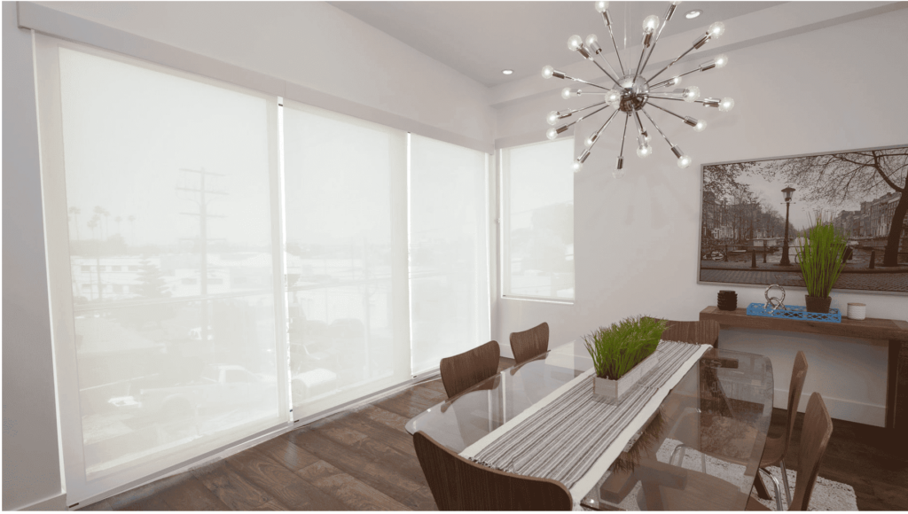 Norman Soluna white light filtering roller shades in mondern dining room Denton texas Window treatments in Argyle Roanoke Keller