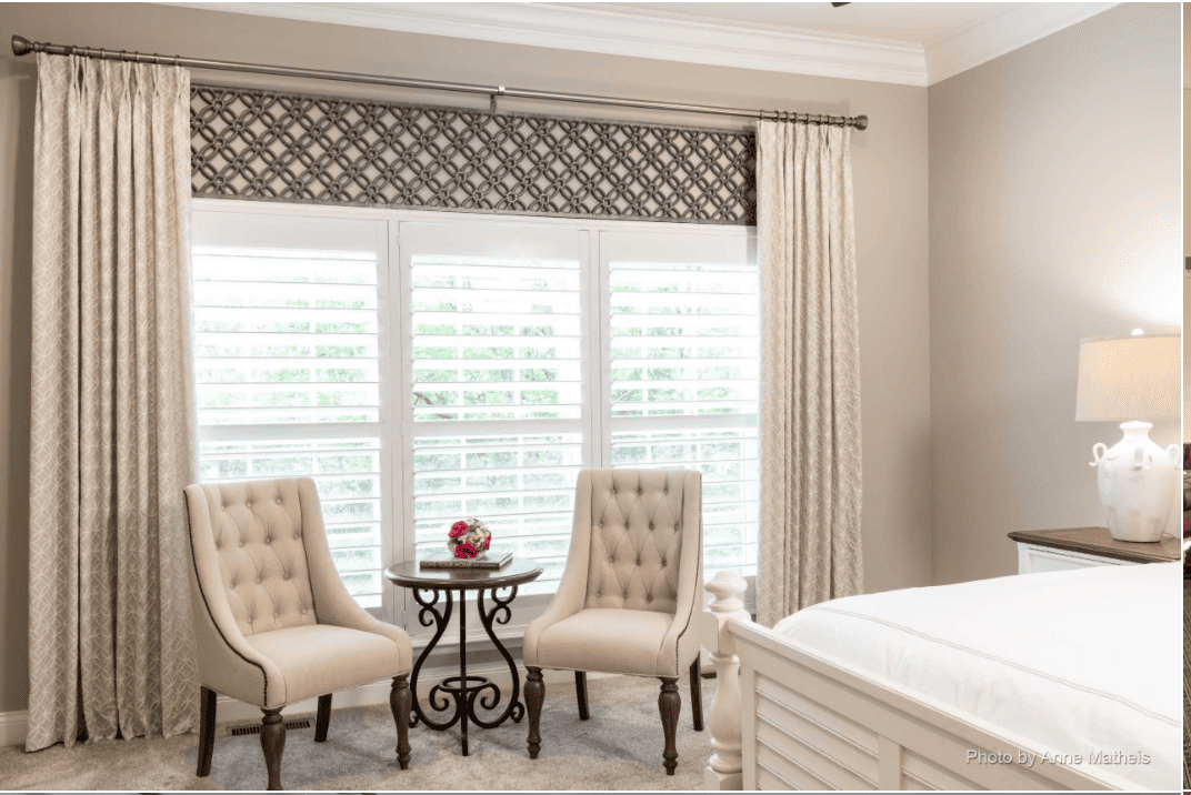 Tableaux Decorative Grilles plantation shutter decorative drapery panels in taditional bedroom Lewisville Texas
