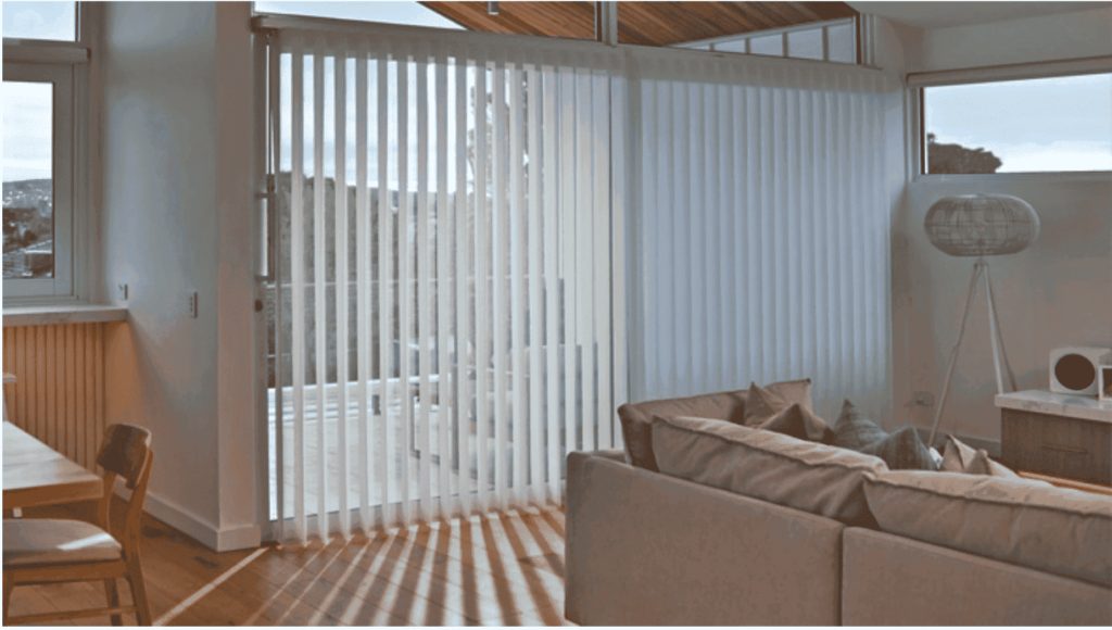 White Norman motorized Smart Drape on sliding patio doors in modern living room in Southlake Texas Window treatments in Argyle Roanoke Keller