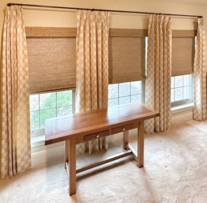 woven wood roman shades with drapery panels Denton TX