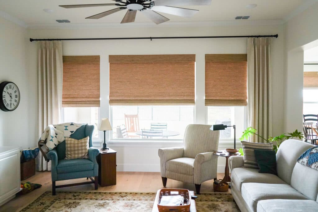 Woven Wood Roman Shades in living room Denton, TX, Custom Window Treatments Denton TX