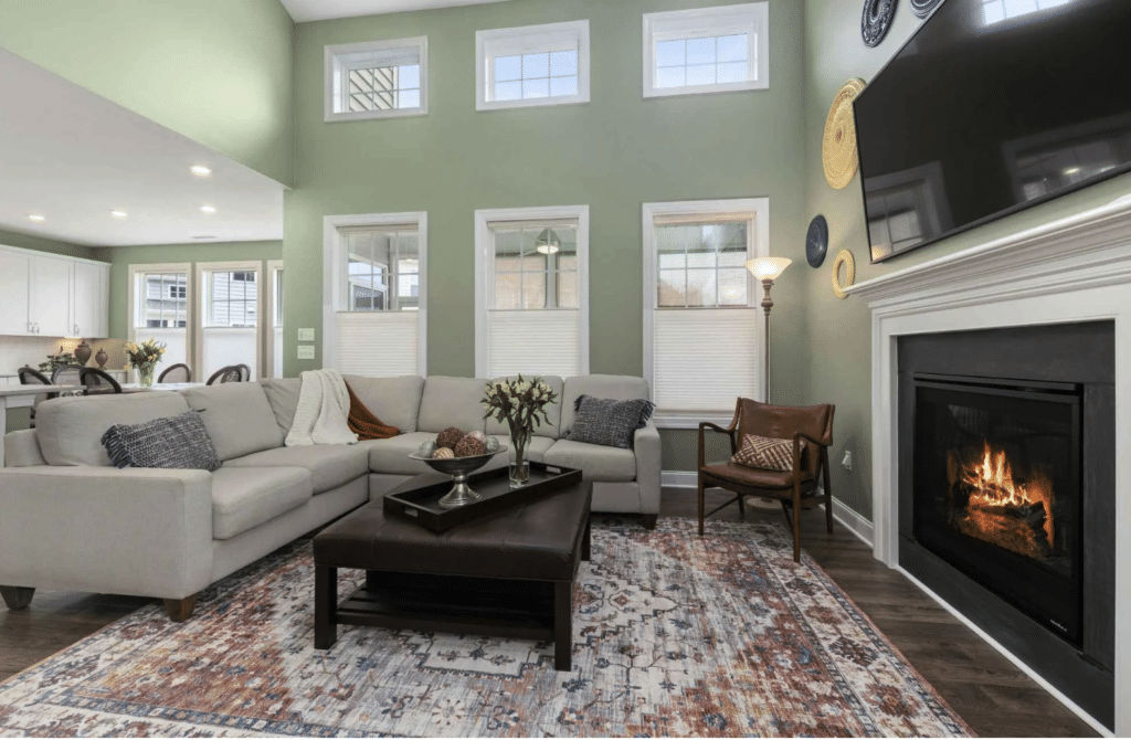 honeycomb shades on living room windows, one of several drapery alternatives Flower Mound TX