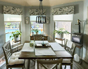 cornice board top treatments breakfast nook argyle - Argyle window treatments installed by Made in the Shade